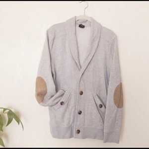 Shawl-collar cardigan w/ suede elbow patches